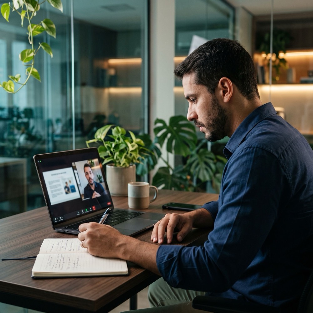 Licenciado assistindo a um treinamento online no notebook e fazendo anotações
