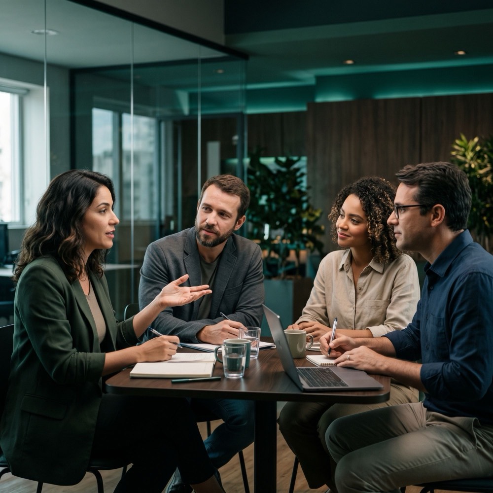 Licenciados reunidos em uma mesa conversando sobre novas oportunidades