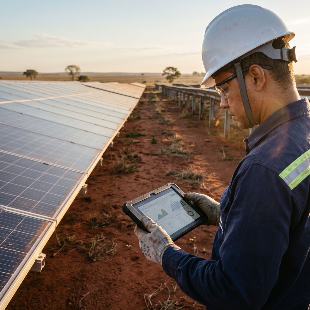 Técnico conferindo a geração de energia em um tablet ao lado dos painéis da usina solar